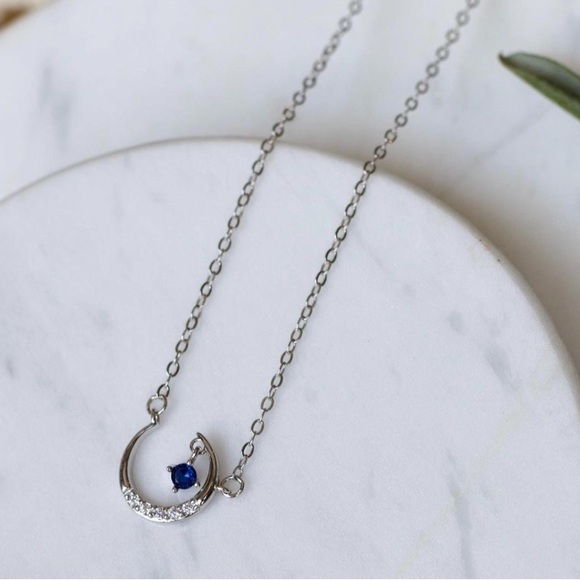 Jewelry - 925 Sterling Silver Crescent Moon Necklace with Sapphire Blue